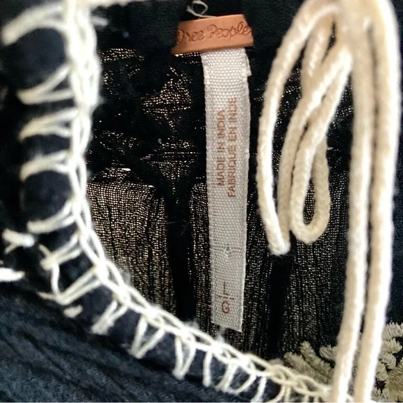 Free People Black Peasant Tunic Mini Dress Ivory Floral Embroidery High Low - Picture 5 of 6